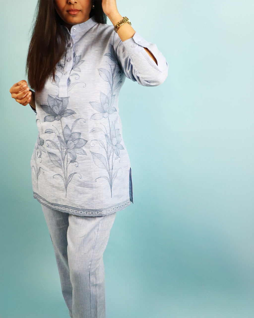 Pure Linen Co-ord Set in Ice Blue