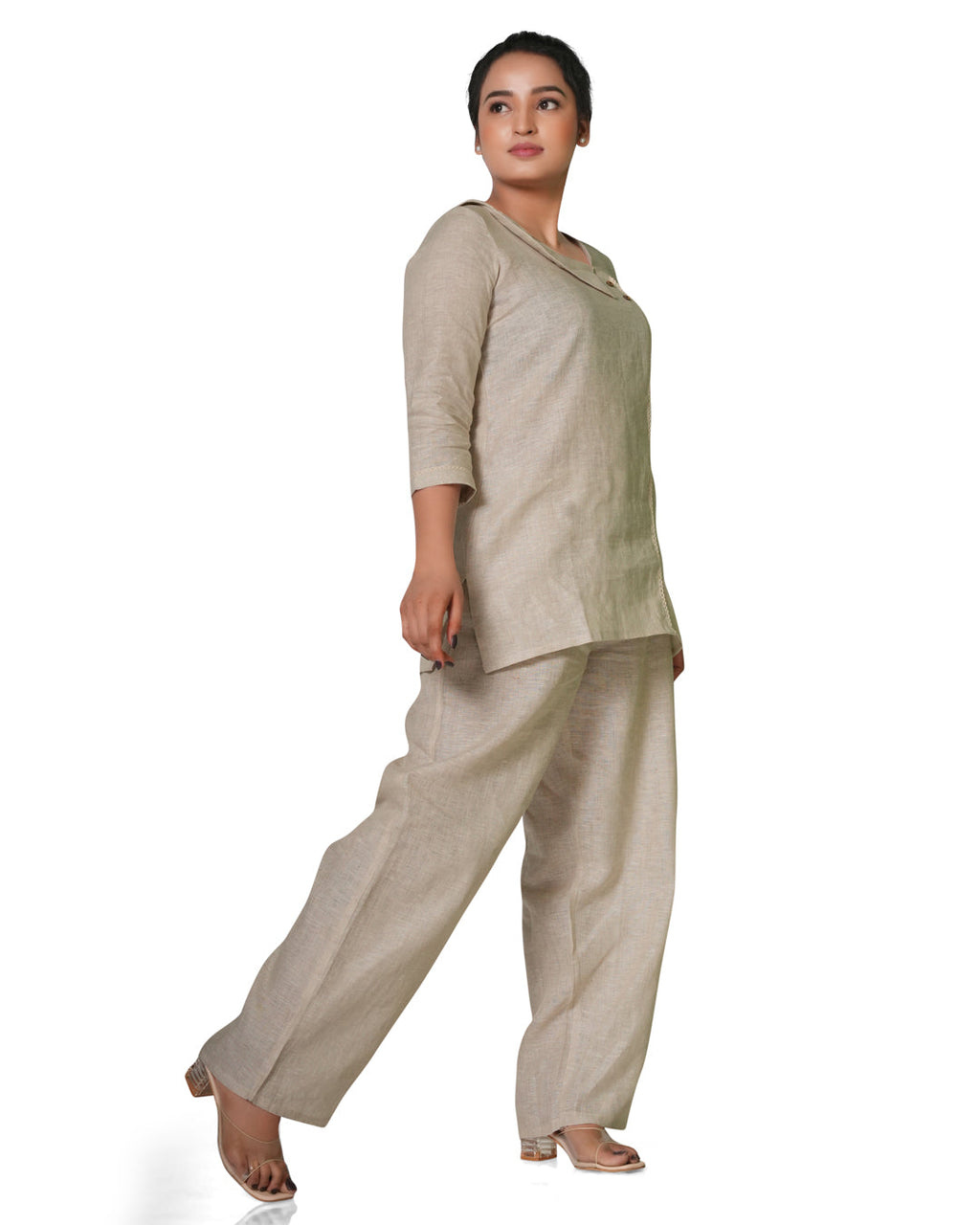 Asymmetric Neck Pure Linen Co-Ord Set in Beige 