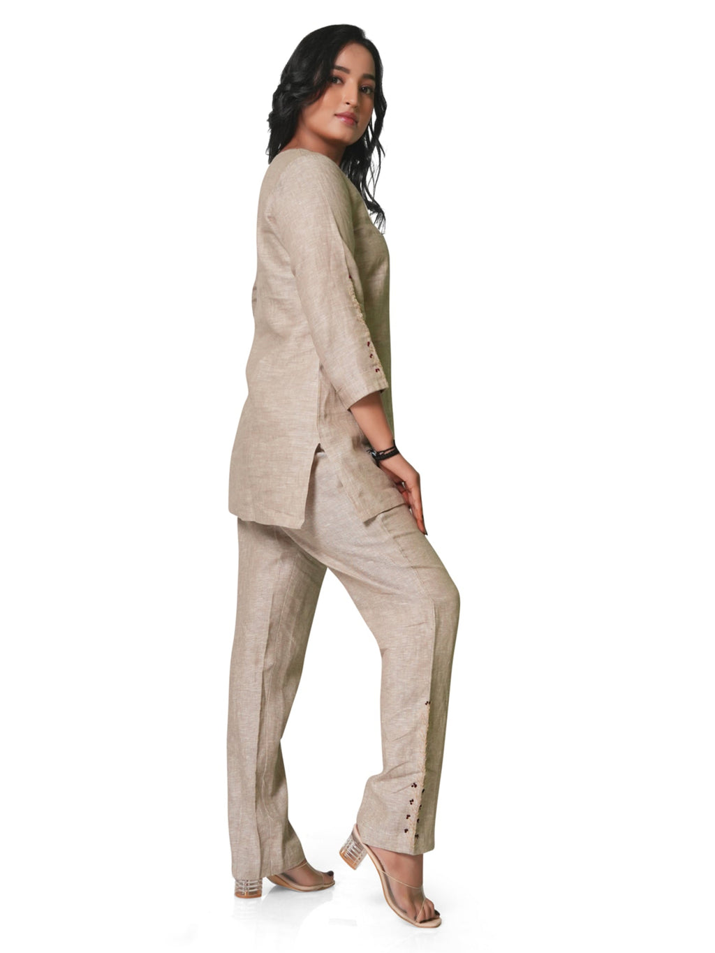 Women's Embroidered Pure Linen Co-ord Set – Beige Kurta & Straight Pants 