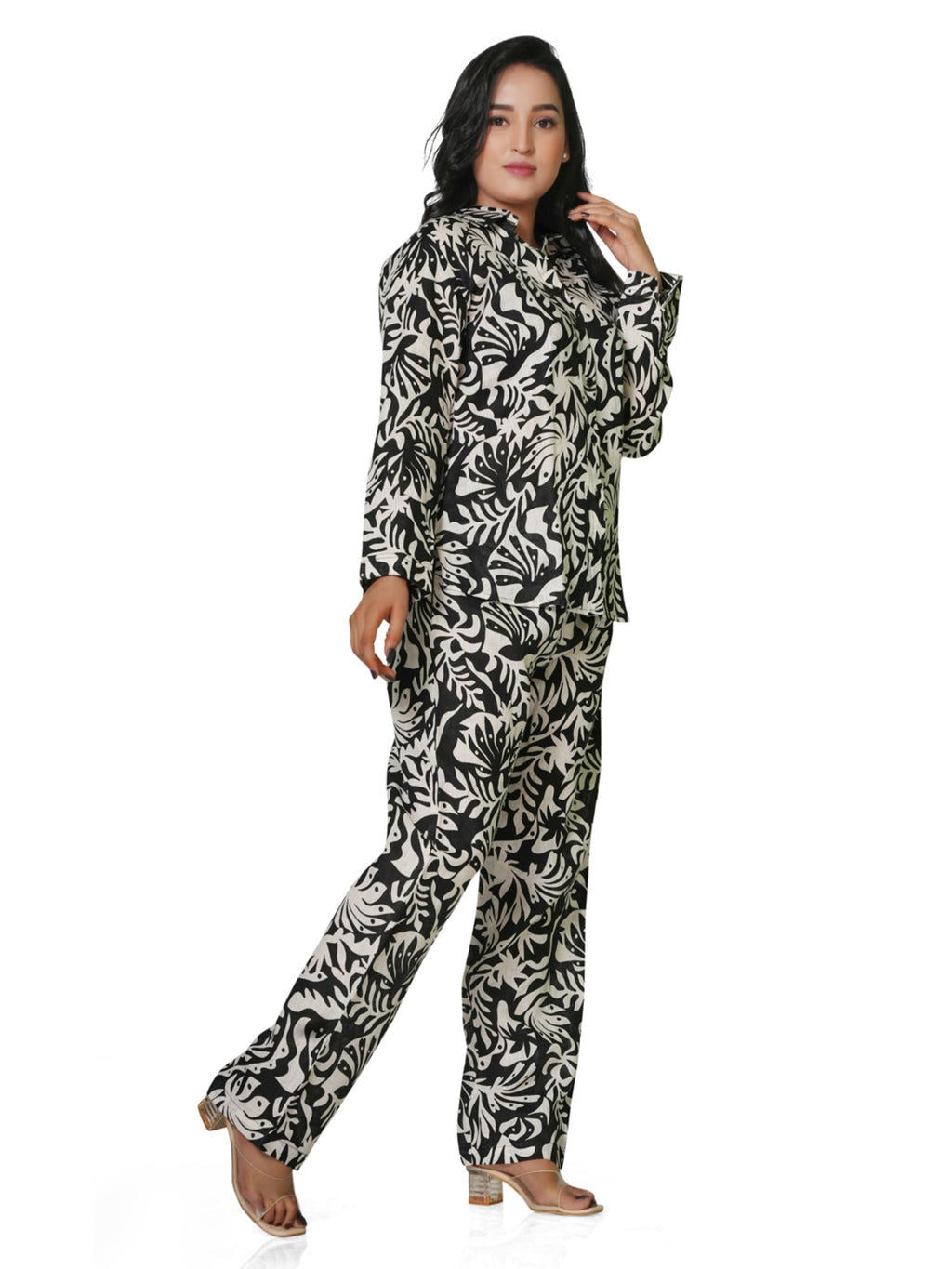 Women's Black & White Leaf Print Linen Co-ord Set – Shirt & Straight Pant 