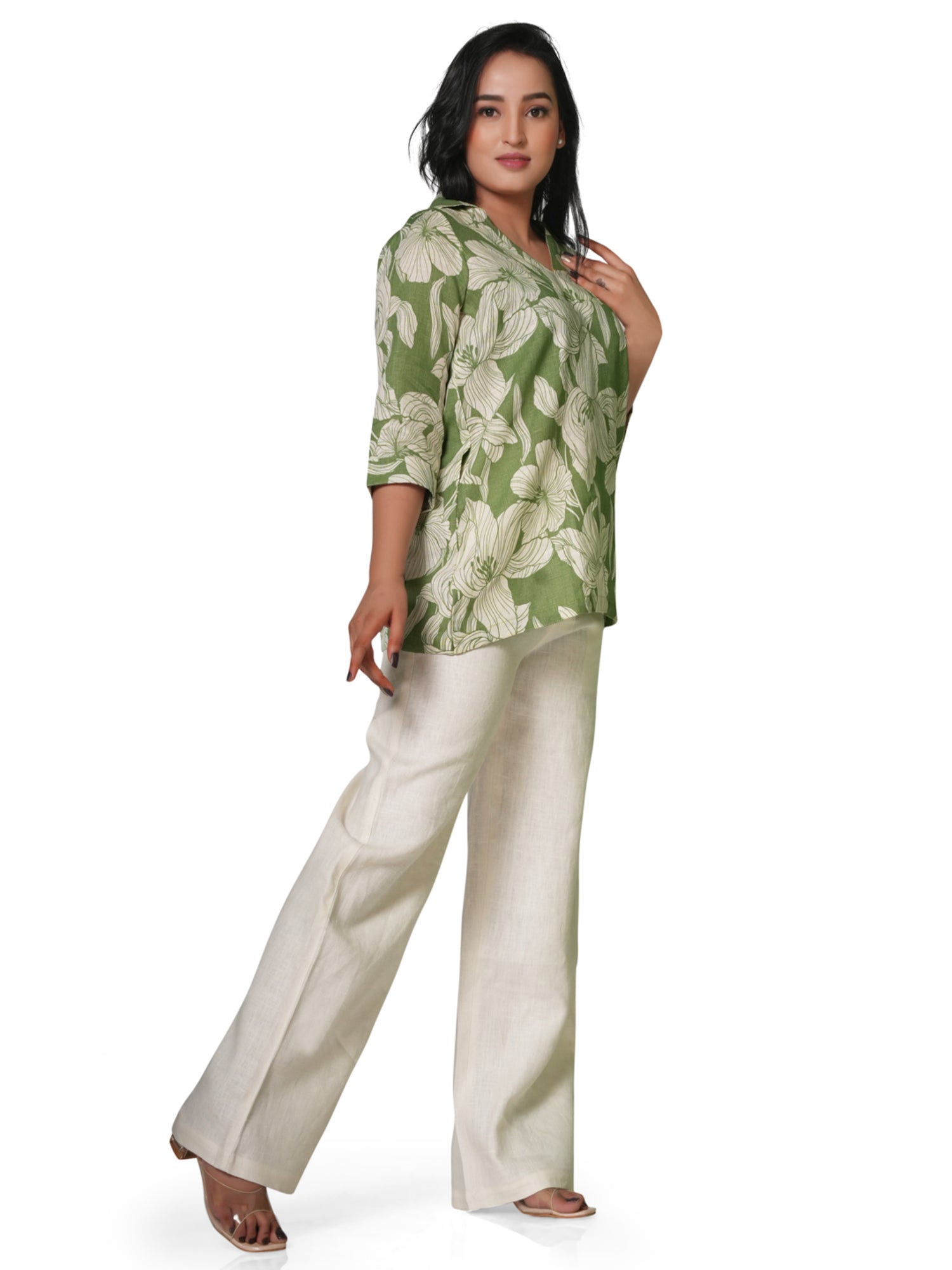 Women's Green Floral Printed Linen Top – V-Neck 3/4 Sleeve 