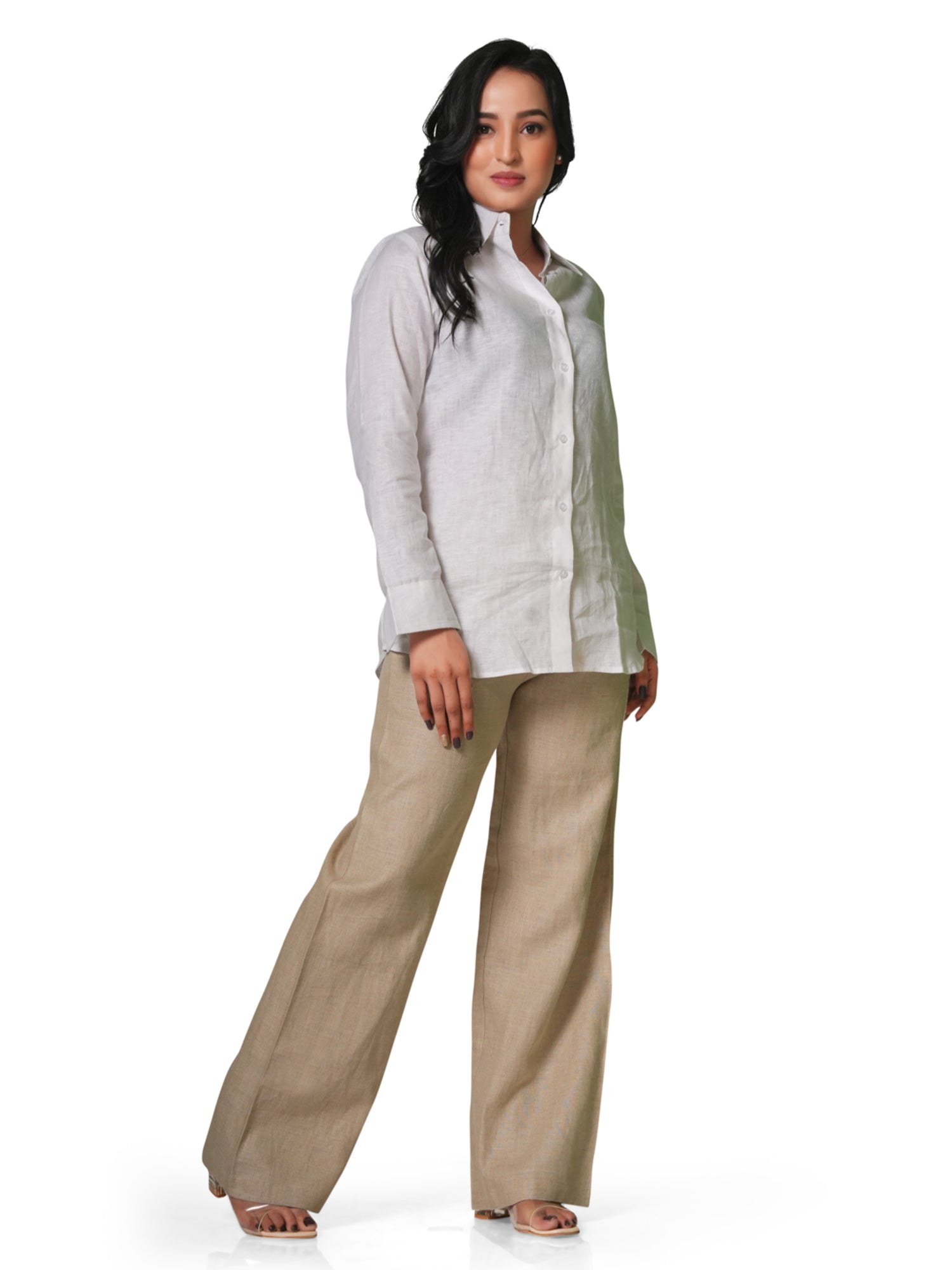 Women's Pure Linen Set – White Shirt & Beige Trousers 