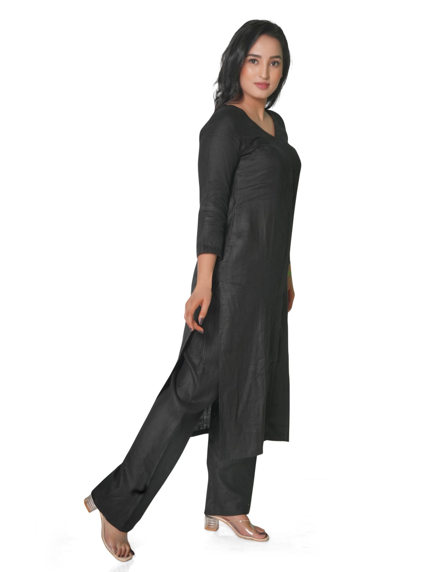 Solid Black Pure Linen Kurta Pant Co-Ord Set for Women 