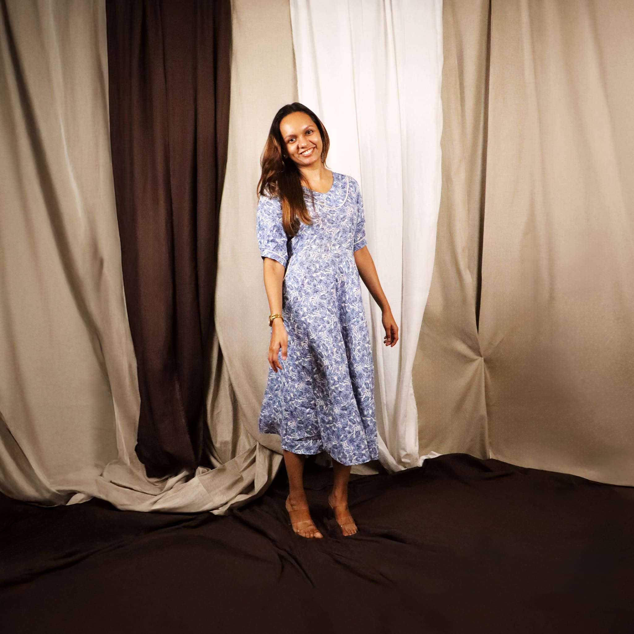 Shop Printed Linen Midi Dress in Blue | Sabr India Shop Printed Linen Midi Dress in Blue | Sabr India