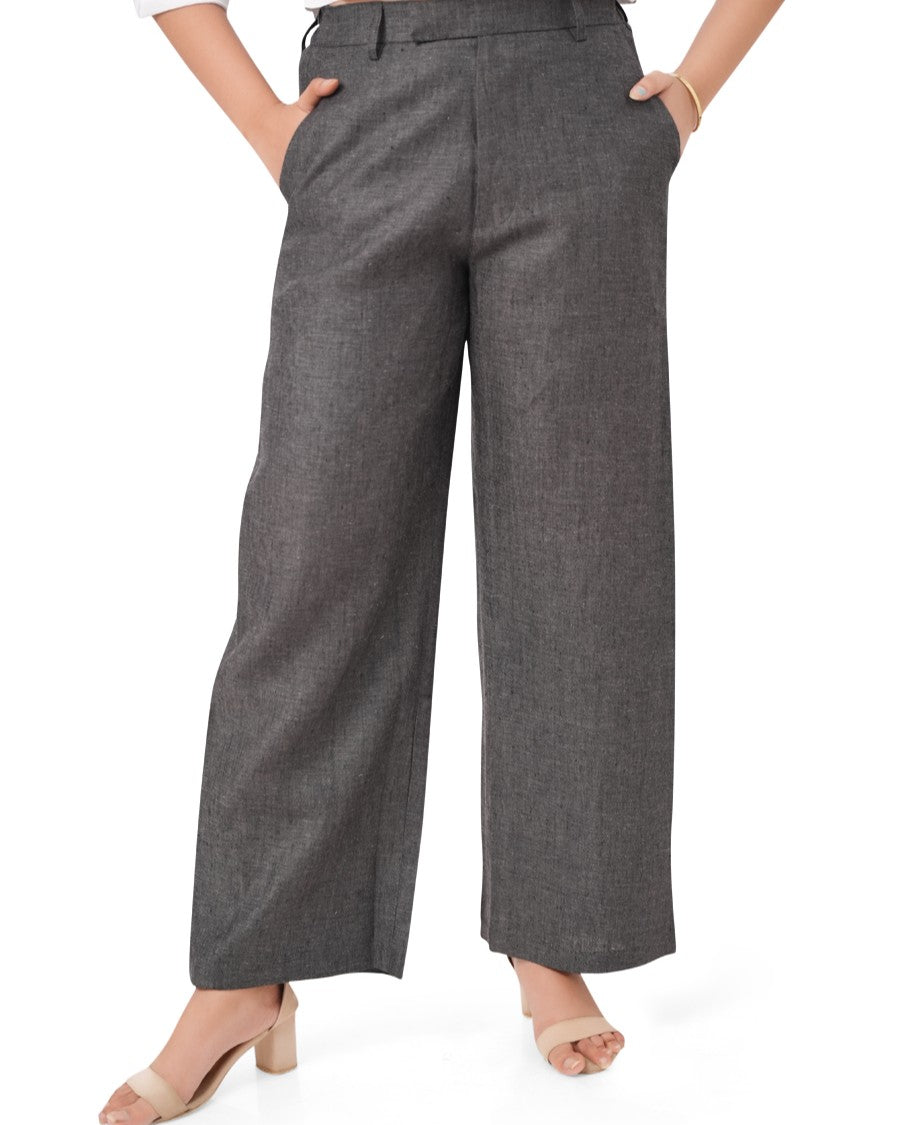 Women’s charcoal black tailored pure linen pants with straight-leg cut and flat-front waistband for a professional office look
