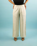 model wearing beige pure linen pants by sabr india front view
