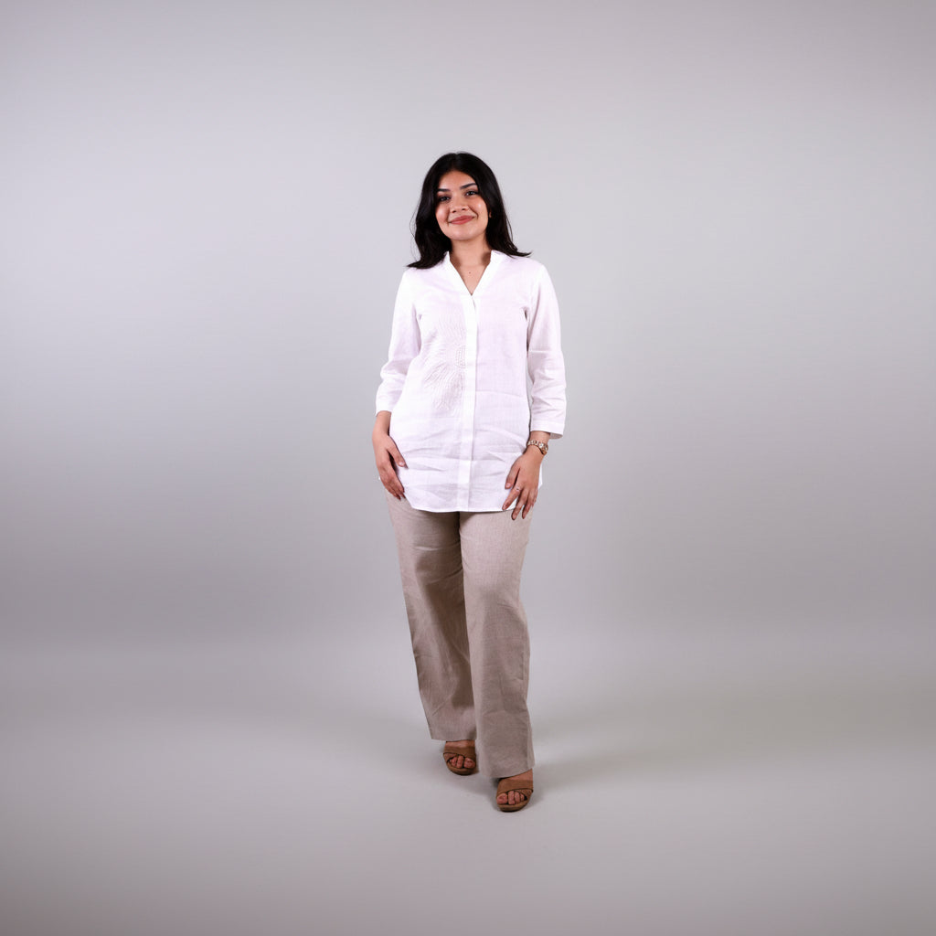 White Fern Embroidered Linen Shirt